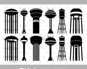 May include: A collection of black and white water tower designs in various styles. The image includes the text "SVG DXF EPS PNG" at the top and "Pixel Elites" at the bottom. The designs are suitable for digital art projects.