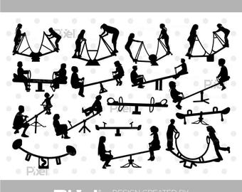 Seesaw SVG Bundle, Playground Teeter Totter Kids Silhouette Clipart, Park File