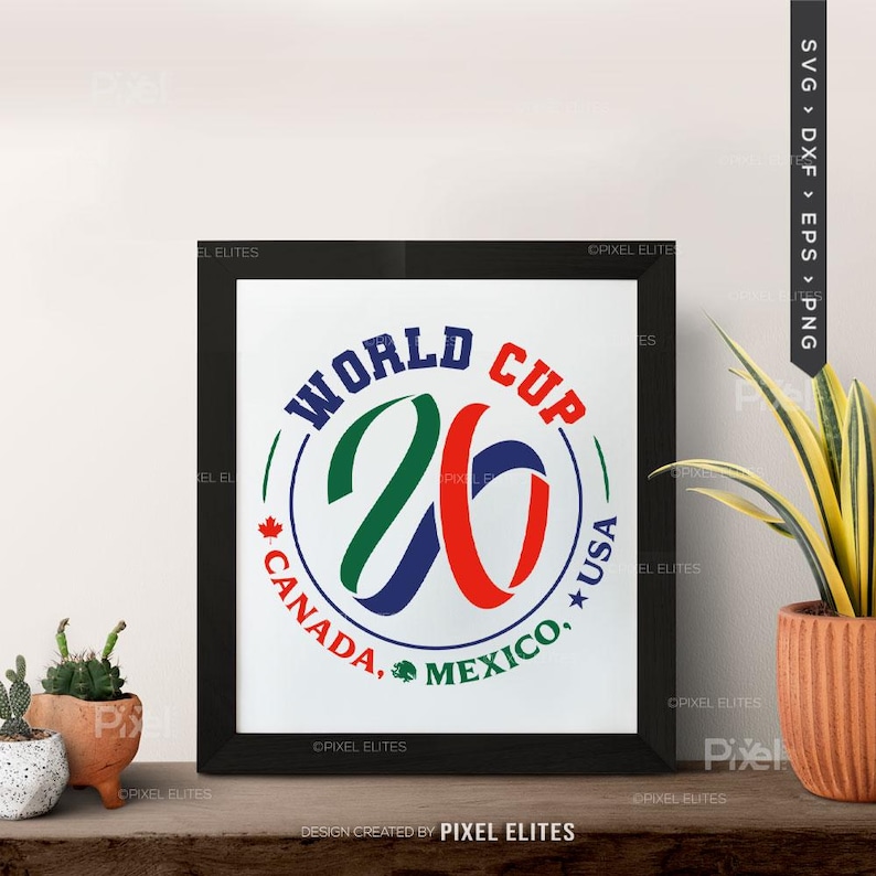May include: A framed print with the text "WORLD CUP 26" in blue, green, and red. The design includes the text "CANADA, MEXICO, USA" in a circular pattern. The frame is black, and the background is white.