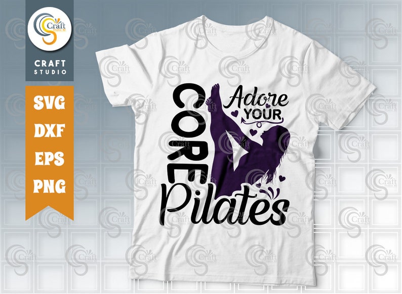 May include: White t-shirt with black text that reads "Core Pilates" and "Adore Your" with a silhouette of a person doing a pilates pose.