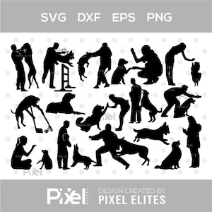 May include: Black silhouette images of people interacting with dogs in various activities. The image includes text that reads "SVG DXF EPS PNG" and "DESIGN CREATED BY PIXEL ELITES".