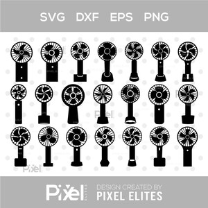 Puede incluir: Una colección de veintiún iconos de silueta negra de ventiladores de mano dispuestos en tres filas. El texto SVG, DXF, EPS, PNG aparece en la parte superior, y el texto DESIGN CREATED BY PIXEL ELITES se muestra en la parte inferior.