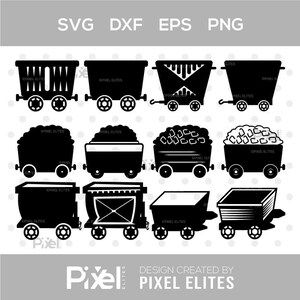 Könnte beinhalten: Schwarz-Weiß-Illustrationen verschiedener Grubenwagen, einige davon mit Kohle gefüllt. Der Text "SVG DXF EPS PNG" und "DESIGN CREATED BY PIXEL ELITES" ist ebenfalls enthalten.