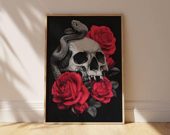 Snake & Skull Gothic Art Print: Tattoo-Inspired Dark Decor (Digital Download