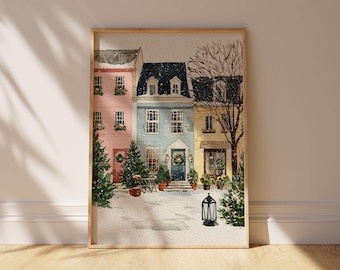 Watercolor Winter Village Art Print | Snowy Christmas Town (Digital Download)