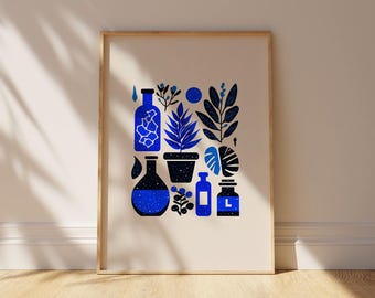 Botanical Apothecary Art Print: Minimalist Blue & Black Plant Illustration (Digital Download)
