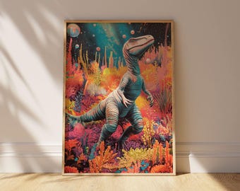 Cosmic Velociraptor Art Print: Neon Jungle Sci-Fi Decor (Digital Download)