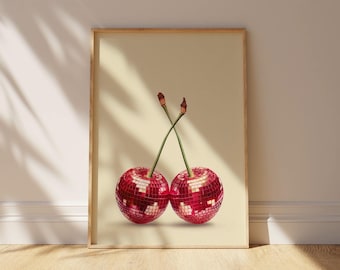 Disco Ball Cherry Art Print: Funky 70s Glam Decor (Digital Download)