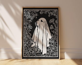 Ghost Dog Botanical Art Print | Spooky Cottagecore Decor (Digital Download)