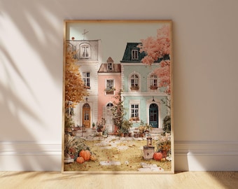 Watercolor Autumn Village Print: Cottagecore Houses, Pumpkins (Digital Download)