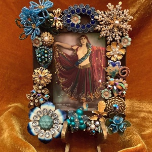 Jeweled Picture Frame, Topless Showgirl, Casino de Paris, 1920&#39;s, Vintage Jewelry, Crystals, Rhinestones, Beaded Flowers, beads