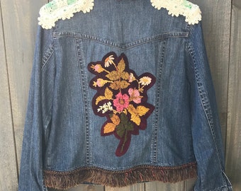 Silk Ribbon Embellished denim floral jean jacket, crocheted epaulets, Bohemian Chic, size L