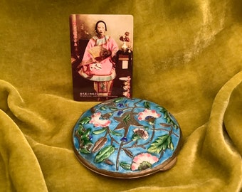 Chinese Enamel Compact, vintage & rare, large heavy silver plate, etched floral design, hallmarked