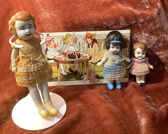 Vintage Bisque Doll Trio, Hand-Painted, Crocheted Clothes, 1920s-30s