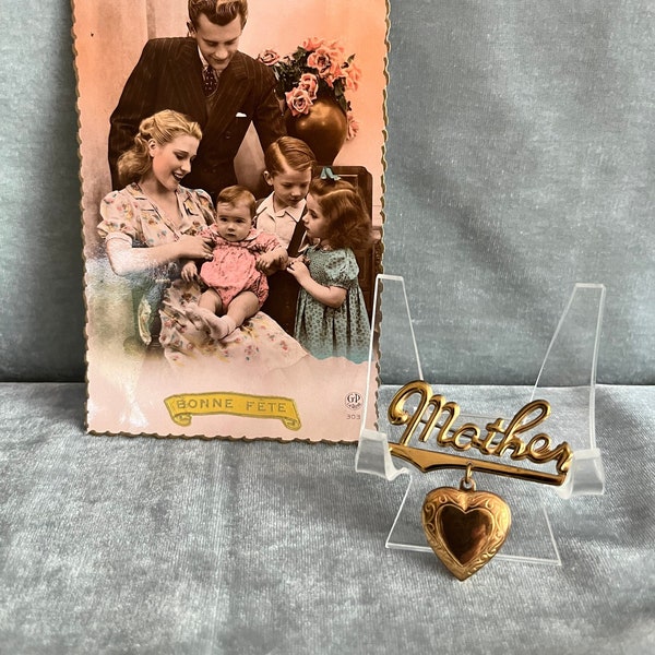 Vintage Mother's Day locket, ca.1940's, gold etched heart, brooch, pin, costume jewelry, Art Collectibles, WWII era, excellent condition