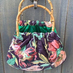Tropical Chintz Tote Bag, Boho Bamboo Handle Handbag