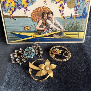 Lot of 3, 12kt, 2- 1/20 12kt GF pins, brooches, pendant, vintage costume jewelry, gold filled, Art Deco, Mid Century jewels, rhinestones
