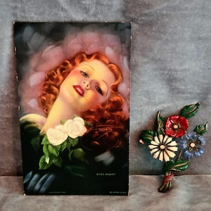 Vintage perfume bottle floral enamel brooch, costume jewelry, rhinestones, pot metal, brass mini screw bottle, ca.1930&#39;s rare