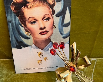 Vintage Coro Art Deco Brooch, Gold Bow, Red Rhinestones