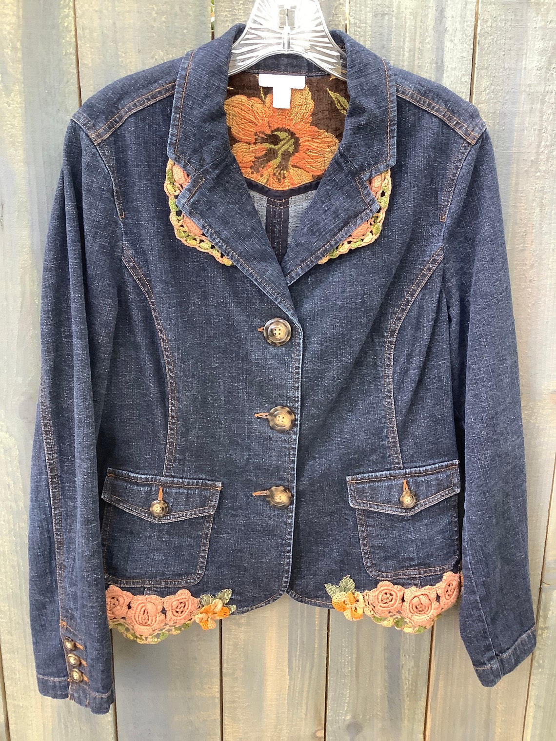 Embellished denim jean jacket Bohemian Needlepoint Boho Etsy