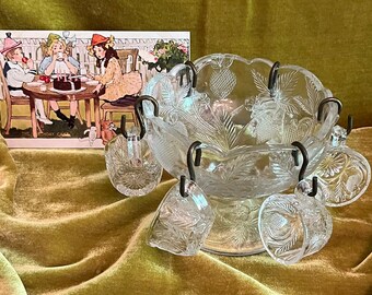 Vintage Pressed Glass Child's Punch Bowl Set, 6 Cups, Collectible Toy