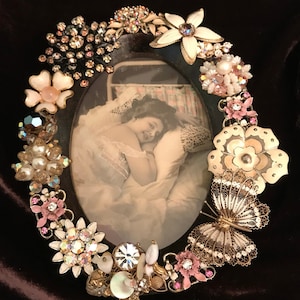 Vintage Jeweled Photo Frame, 1920s Parisian Girl, Rhinestone Embellished