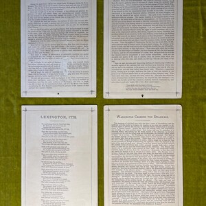 May include: Four vintage cards with illustrations and text about historical events in American history. The cards are white with black text and illustrations. The cards are titled "Arrival of Knox with Artillery", "The Cradle of Liberty", "Lexington, 1775", and "Washington Crossing the Delaware".