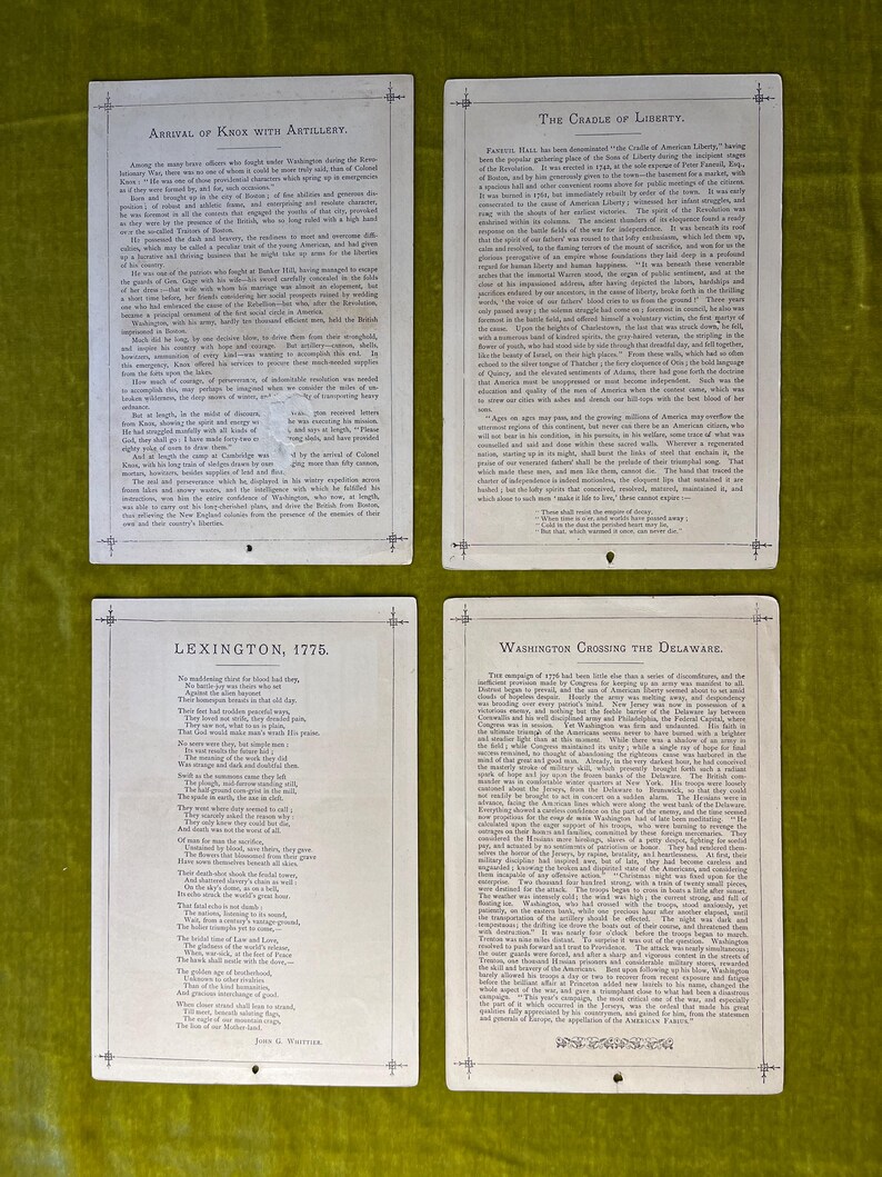 May include: Four vintage cards with illustrations and text about historical events in American history. The cards are white with black text and illustrations. The cards are titled "Arrival of Knox with Artillery", "The Cradle of Liberty", "Lexington, 1775", and "Washington Crossing the Delaware".