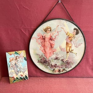 Victorian Chimney Flue Cover Plate, Fairies, Musical Insects, Brass Chain