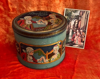 Art Deco Cake Tin, Duchess Cake Biscuit metal tin can, ca.1930's, Colonial French couple, Northern Bakeries Lmt'd, antiques collectibles