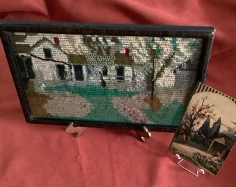 Small Framed Crewel Work, Cottage Farmhouse, landscape ca. 1920's, Vintage textile, antique fiber arts, ready to hang, 12" x 8" wall, easel