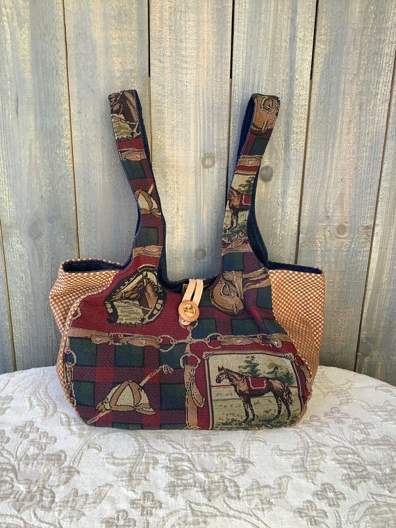 Equestrian Travel Bag, Boho Bag, Large Horse Theme Tote, Beautiful & Soft, Burgundy, Navy, Tans, Duffel Bag, Bohemian Tote Bag, English Chic
