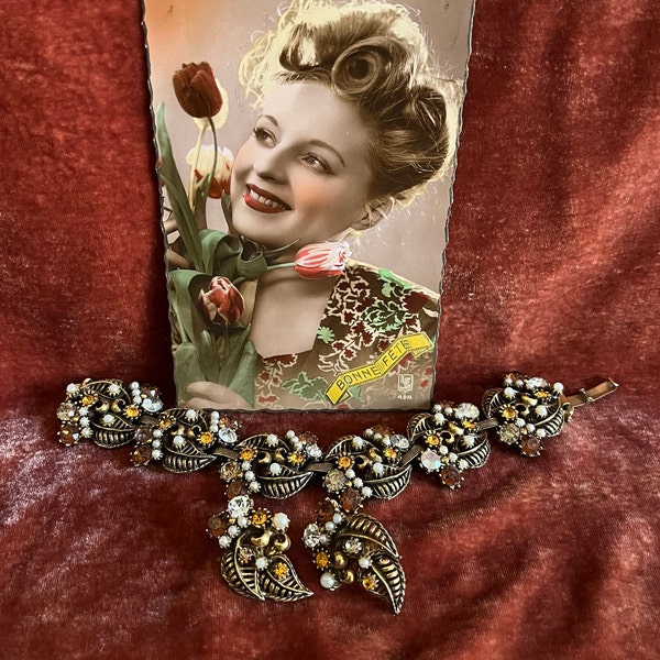 Vintage Chunky Rhinestones Link Bracelet & Clip Earrings, ca.1950's, gold tone, rhinestones, faux pearls, golden AB stones, costume jewelry