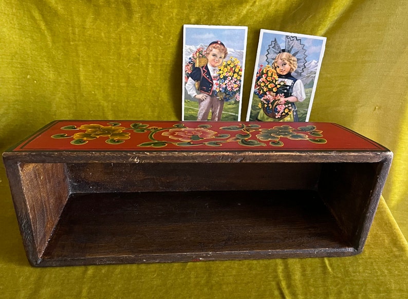 Hand Painted Folk Art Box Wooden Red Green Tole Painting Etsy