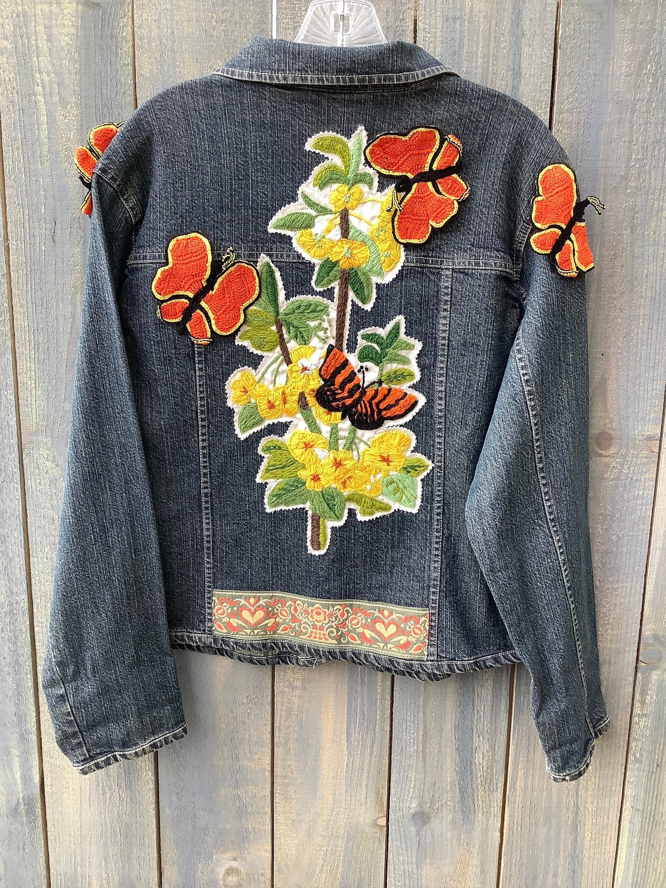 Embellished Denim Jean Jacket Floral Butterfly Crewel Work 