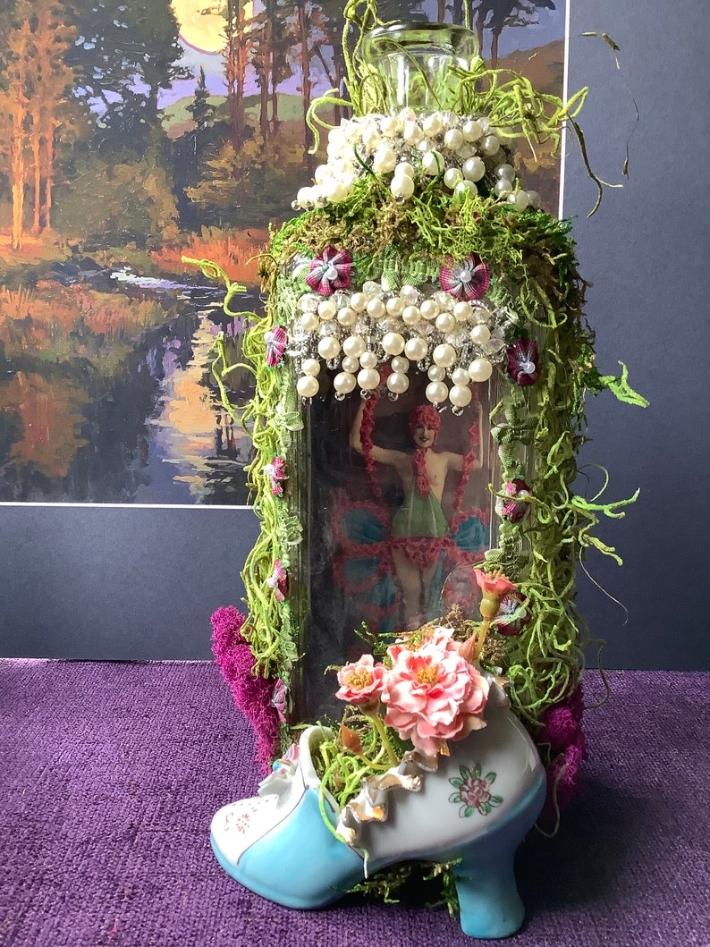 1920s Paris Showgirl Assemblage in Vintage Bottle, Peep Show Art image 6