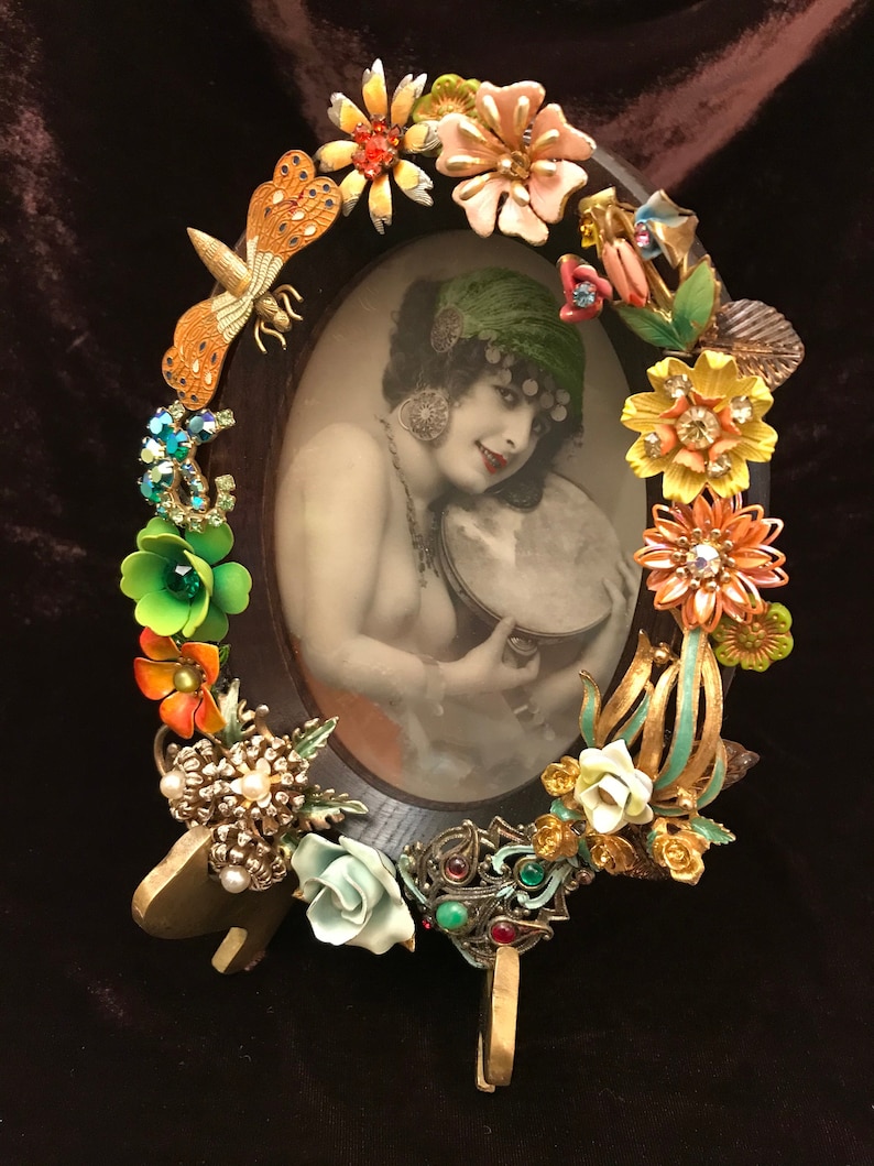 Gypsy & Tambourine, Cabaret Menageries, Vintage Jeweled Frame Parisian Girl, c.1920's hand tinted, early costume jewelry enamels rhinestones 