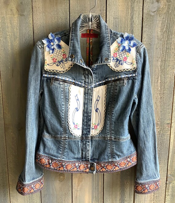 Embellished Blue Bonnet Denim Jean Jacket, Linen Needlework