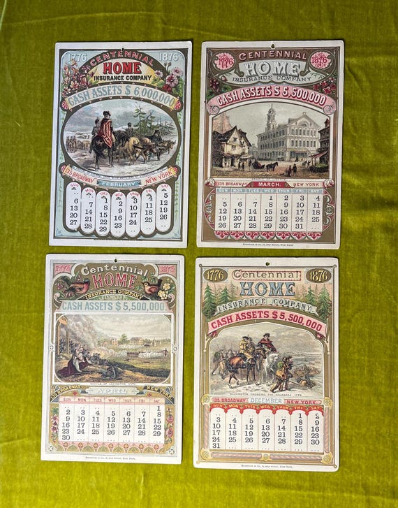 1876 Centennial Home Insurance Calendar Pages, Antique Ephemera