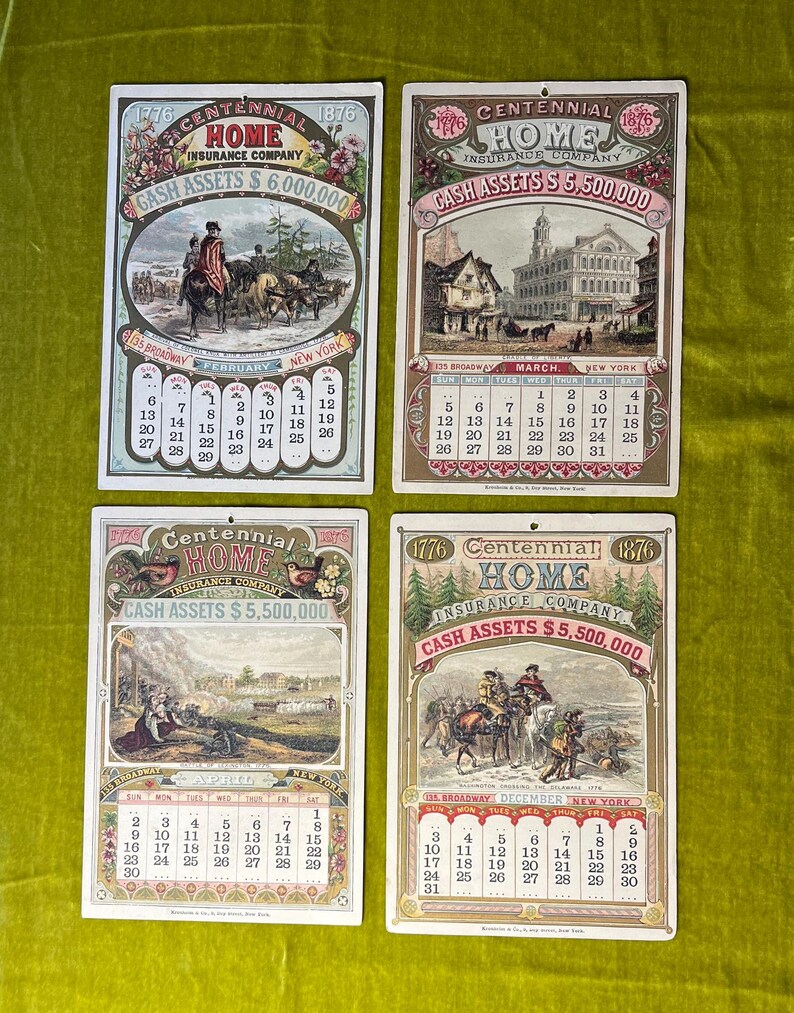 May include: Four vintage calendars from the Home Insurance Company, dating back to 1876. Each calendar features a different scene and month, with the company's name and cash assets prominently displayed. The calendars are printed on thick paper with a decorative border.