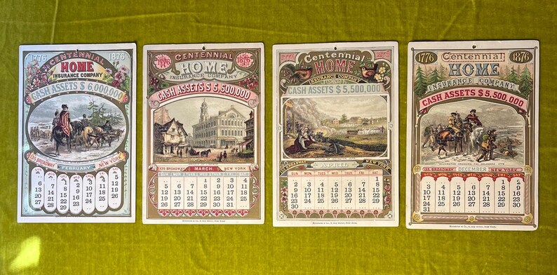 May include: Four vintage calendars from the Centennial Home Insurance Company. Each calendar features a different month and a different image. The calendars are all in good condition and have a faded, antique look.