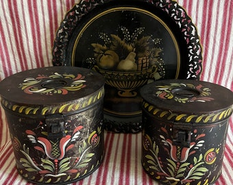 Early Tole 2 Tin Canister Set, hand painted, folk art, ca.1920's, Country Primitive, stackable, 6" & 5-1/2" tall, Early Americana, PA Dutch