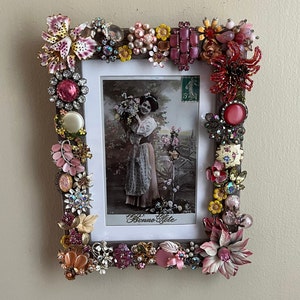 Floral Jeweled Picture Frame, French Postcard, signed costume jewelry, vintage jewelry pre 1960&#39;s, 5 x 7 photo interior, flowers rhinestones