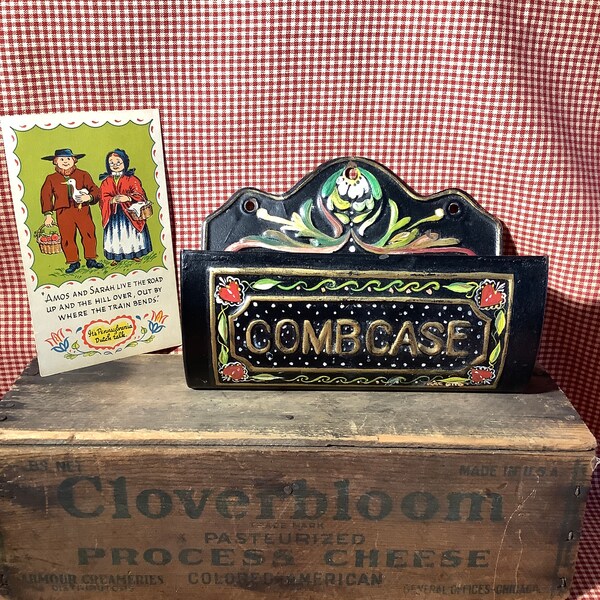 Circa 1920's Tole Comb Case, Pennsylvania PA Dutch, Signed, hand painted, antique kitchen bedroom bath primitive, vintage tin decor