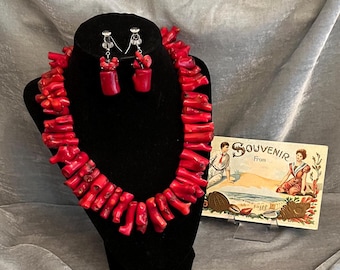 Conjunto de collar y pendientes vintage de coral bambú, 18", cierre de plata