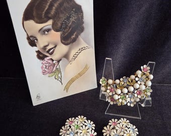 Cluster rhinestones enamel milk glass jewelry set, vintage half moon brooch, clip earrings, mid Century,