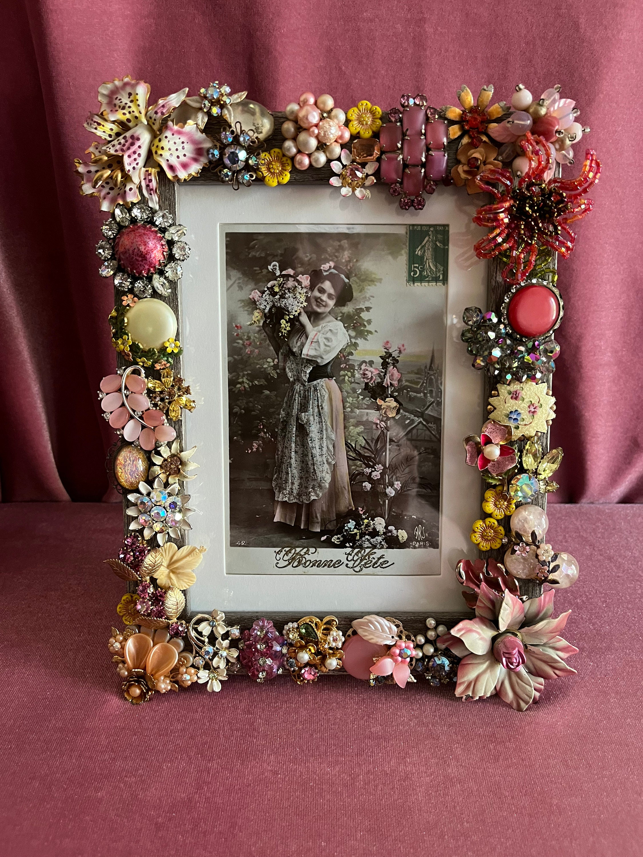 Floral Jeweled Picture Frame, French Postcard, Signed Costume