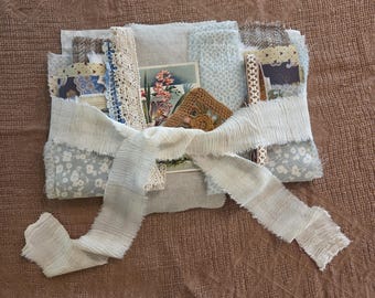 Vintage Fabric Bundle, Soft Blues Teal Beige, Art Journal Supplies