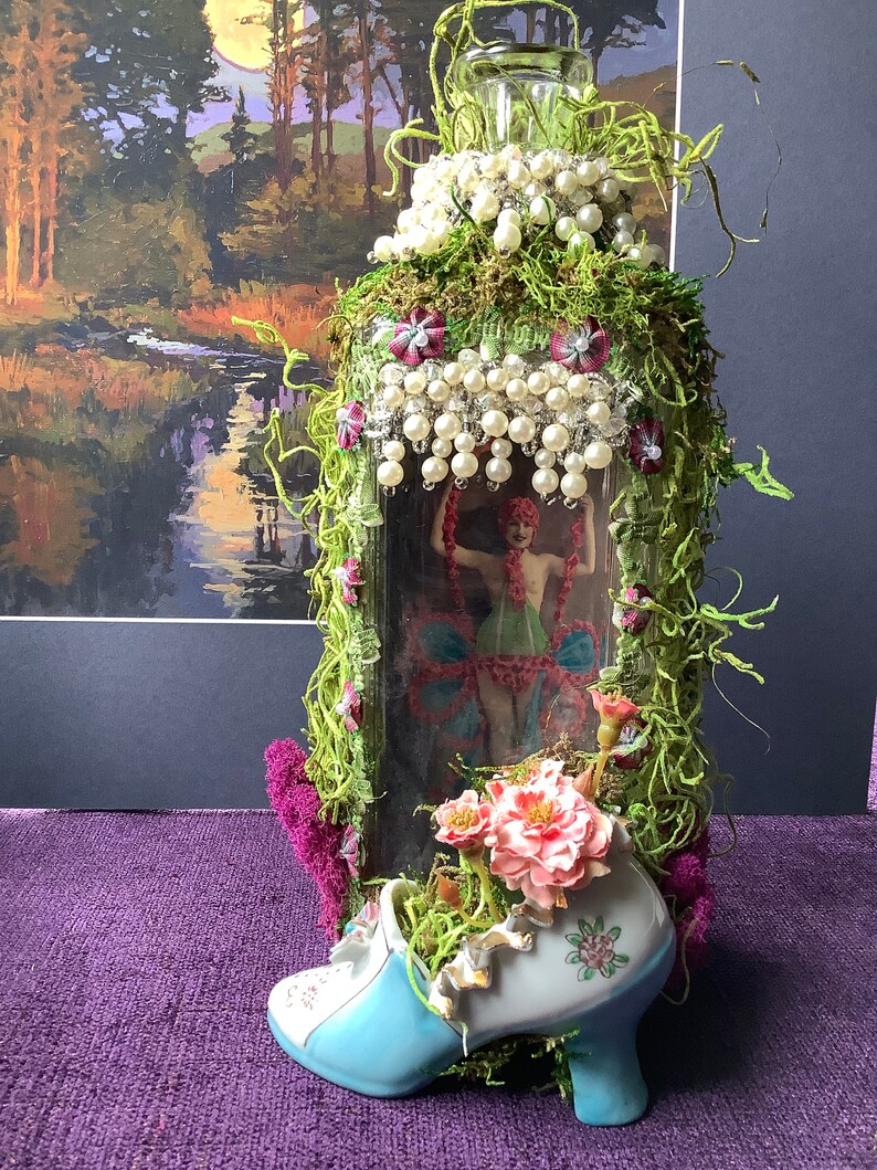 1920s Paris Showgirl Assemblage in Vintage Bottle, Peep Show Art image 10