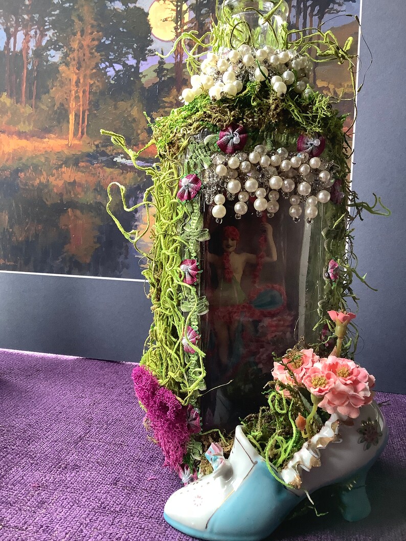 1920s Paris Showgirl Assemblage in Vintage Bottle, Peep Show Art image 4